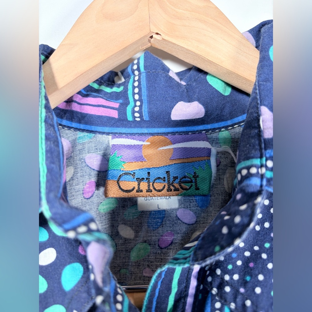 Cricket Colorful Blue Patterned Button Up Shirt Large - Picture 10 of 11